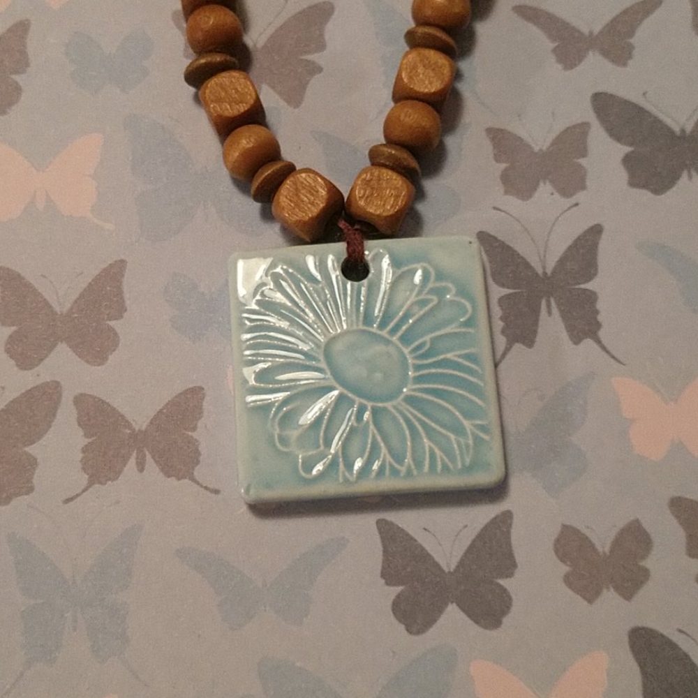 Wood Bead & Blue Floral Tile Necklace